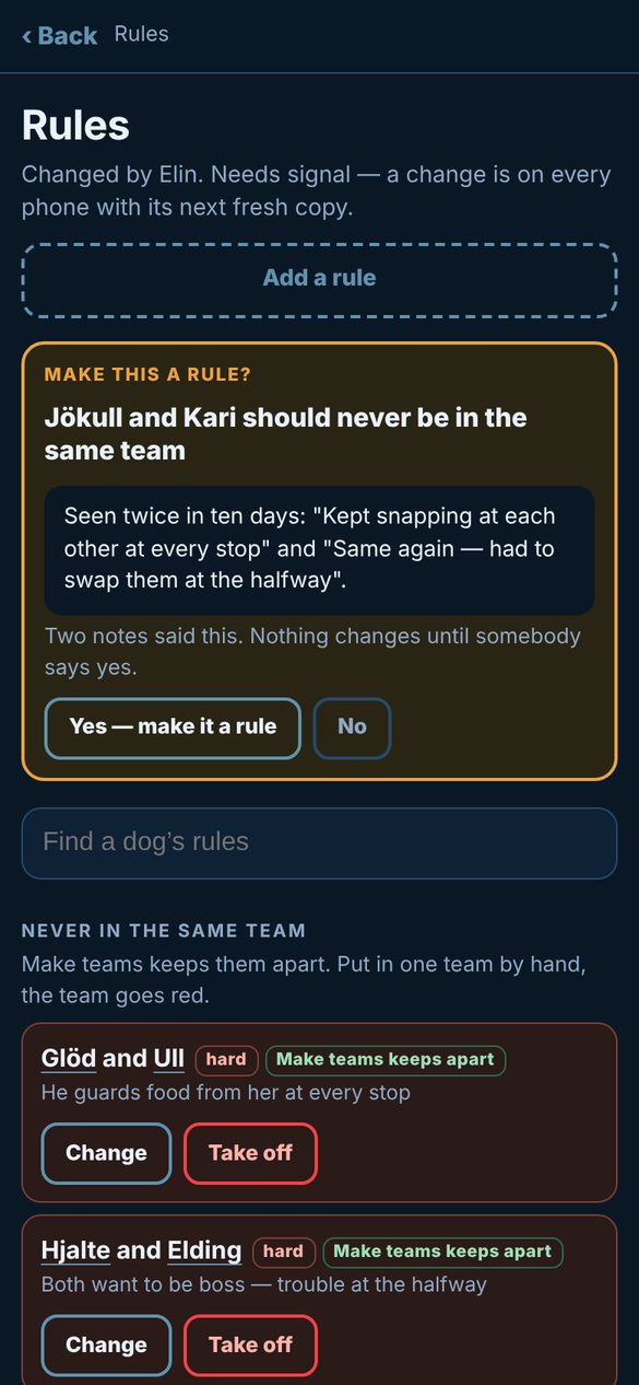 All the rules on one page: It noticed two notes about the same pair and asks: make this a rule?