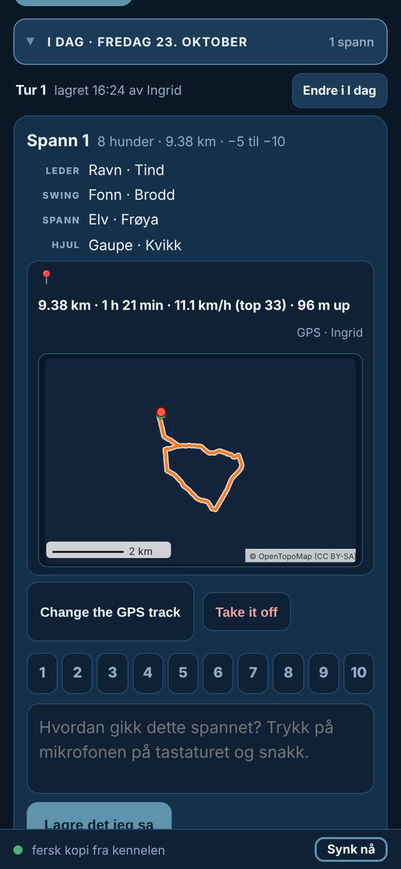 The GPS track on the team: 9.38 km, 1 h 21 min, 96 m up. Every dog in the team gets the km.