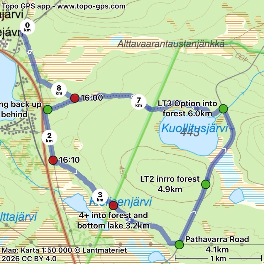Map of a 9 km training loop from Altajärvi past Kuollitusjärvi, with kilometre markers and the musher's own waypoints